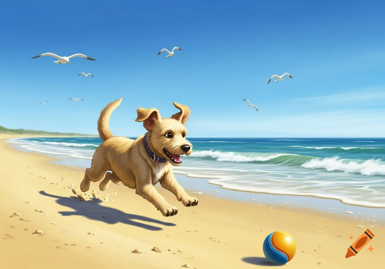 A cheerful cartoon dog with a blue collar runs happily on a sandy beach towards a blue and orange ball, under a clear sky with seagulls flying over the ocean.