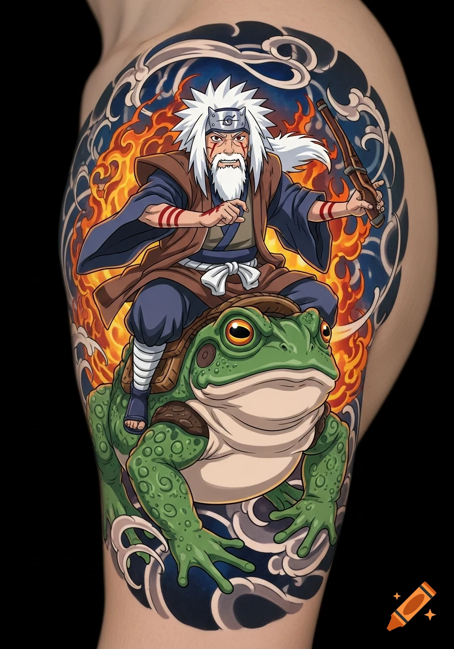 An anime style tattoo on a shoulder depicting Jiraiya riding a large green frog amidst flames and waves.