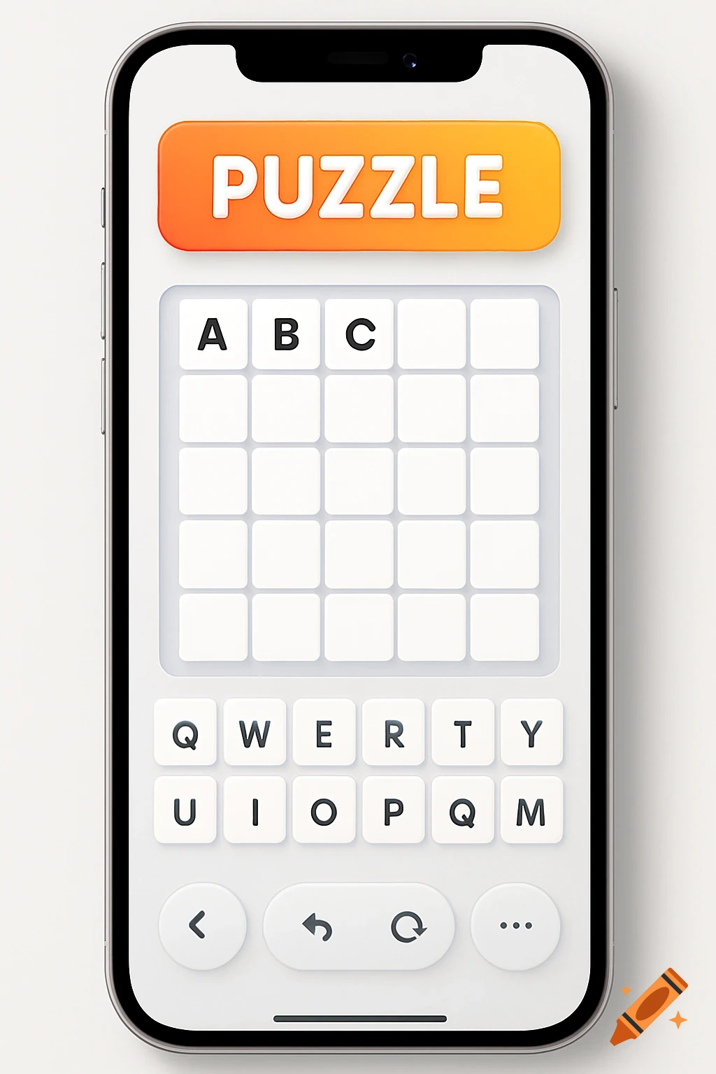 An iPhone displaying a mobile puzzle game UI with a 'PUZZLE' title, a 5x5 letter grid, and a QWERTY-like keyboard with some jumbled letters.