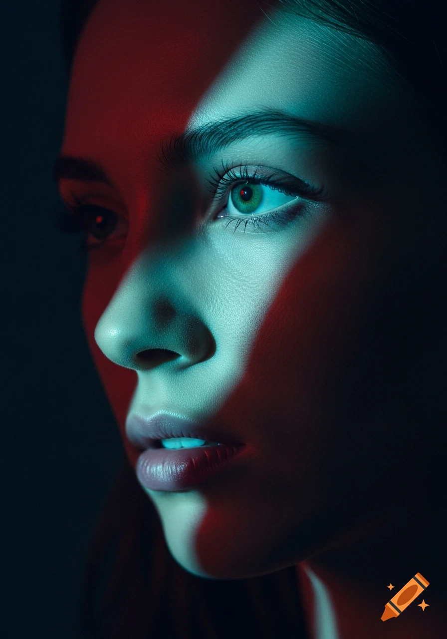 Close-up, ultra-realistic portrait of a woman's face, partially illuminated by cyan-blue and red diagonal light, creating a moody atmosphere.