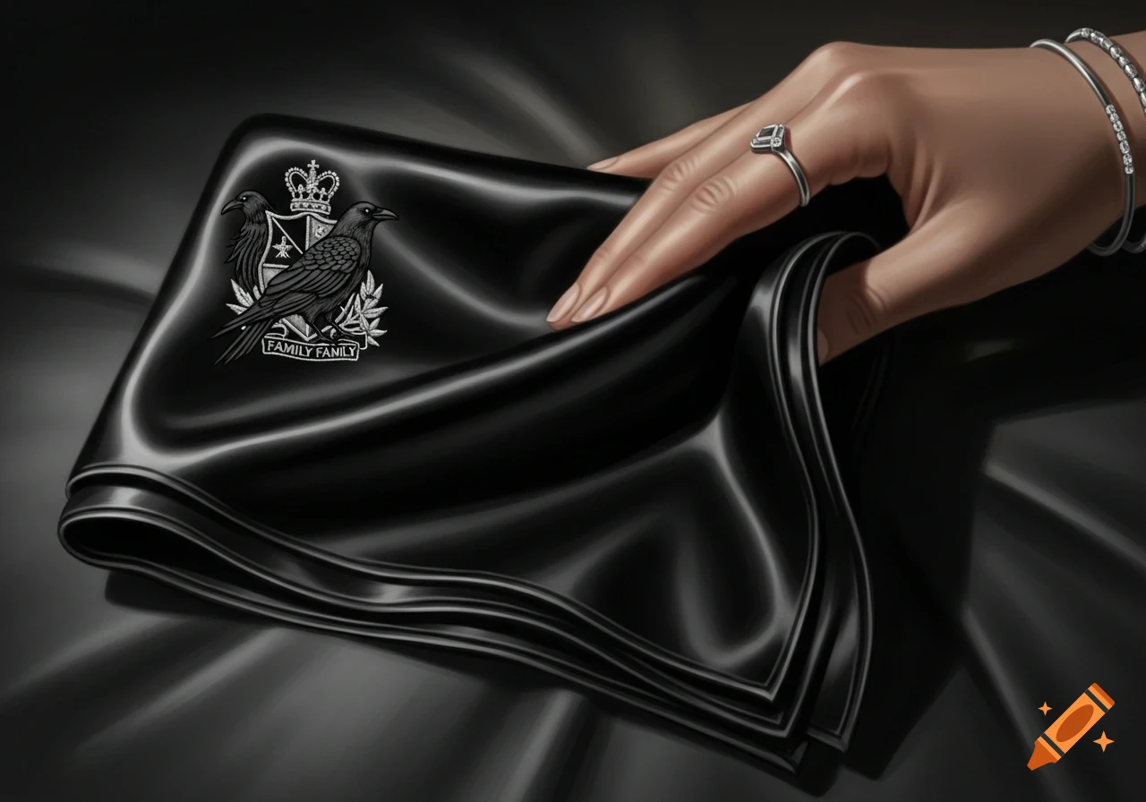 A hand wearing a ring and bracelets holds a black satin handkerchief with an embroidered crow family crest.
