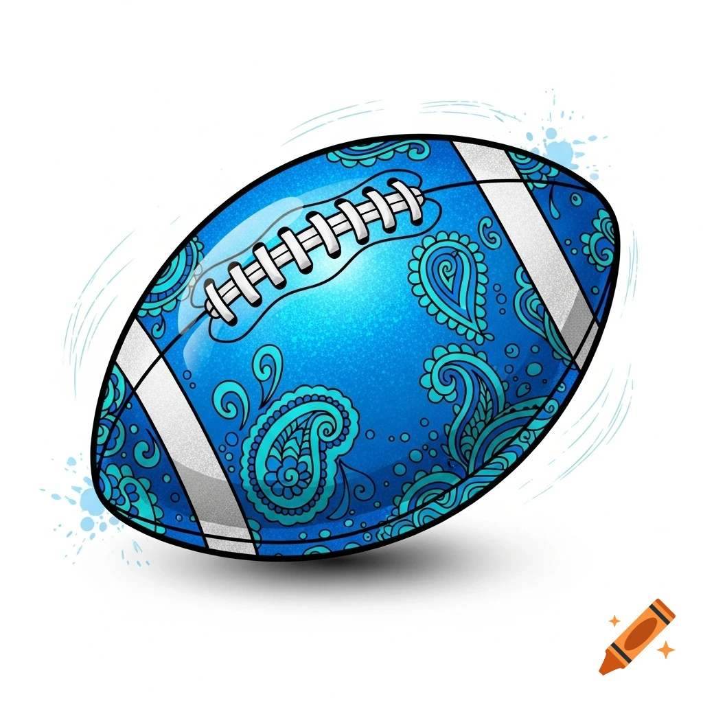 A blue doodle-style football with intricate turquoise paisley patterns and white laces on a white background.