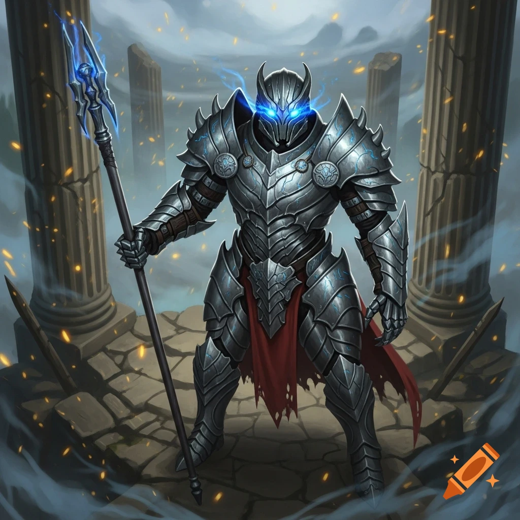 A formidable warforged knight in intricate metallic armor with glowing blue eyes holds a spear amidst ancient crumbling ruins.
