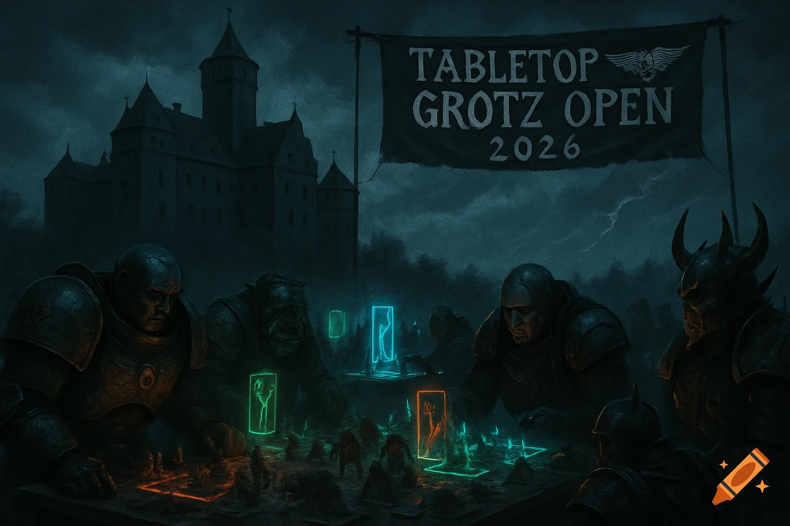 Grimdark scene of armored warriors and orcs playing a glowing tabletop game at night outside a dark castle, under a banner reading 'Tabletop Grotz Open 2026'.