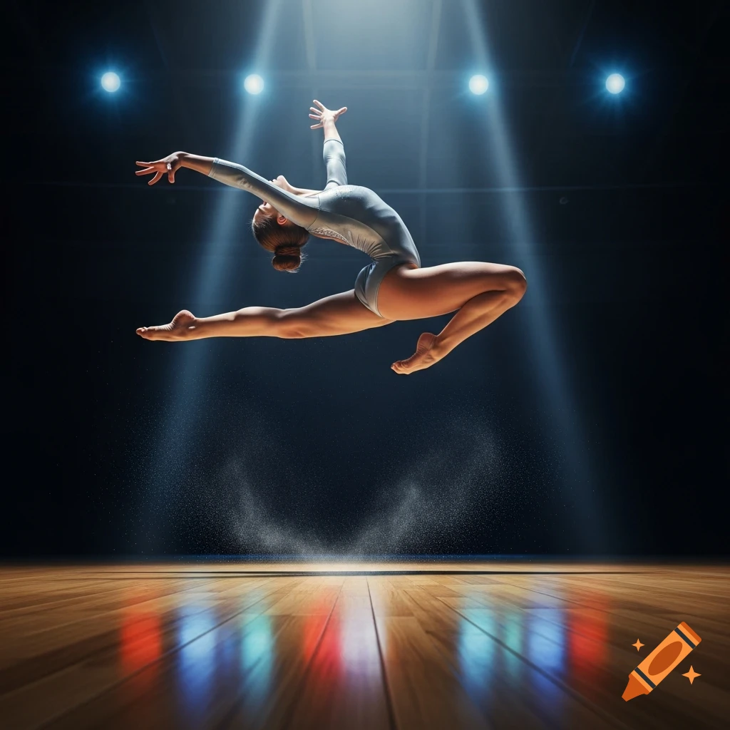 A female gymnast performs a powerful split leap in mid-air on a stage, illuminated by bright spotlights.