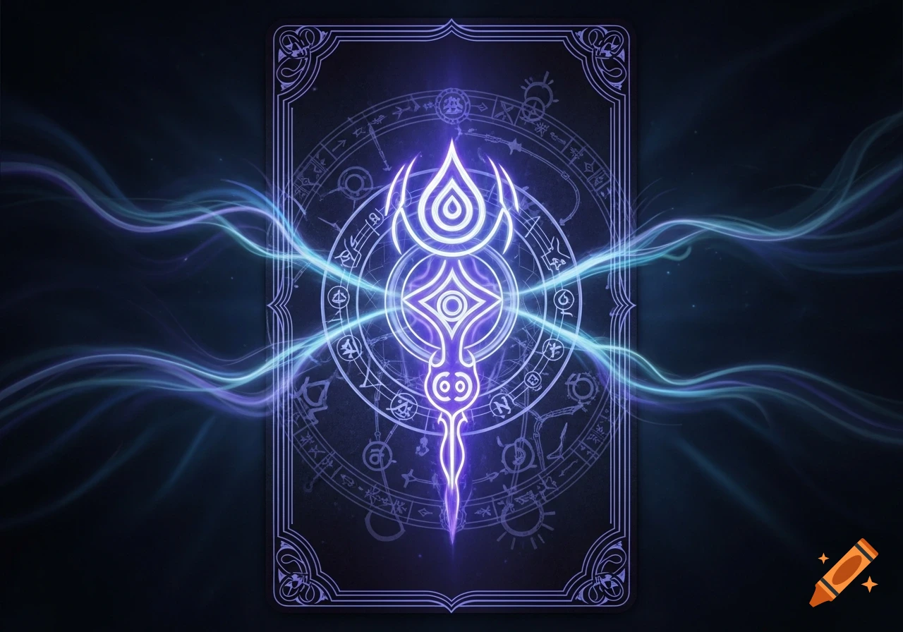 A dark, glowing supernatural card back with a central purple sigil, arcane patterns, and blue energy waves.