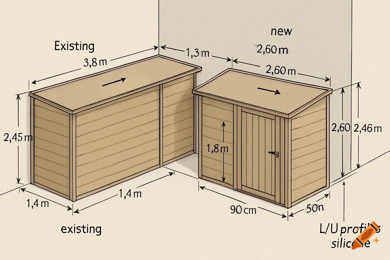 A schematic 3D illustration of two garden sheds, an existing larger one and a new smaller one, with dimensions and labels indicating measurements in meters and centimeters.