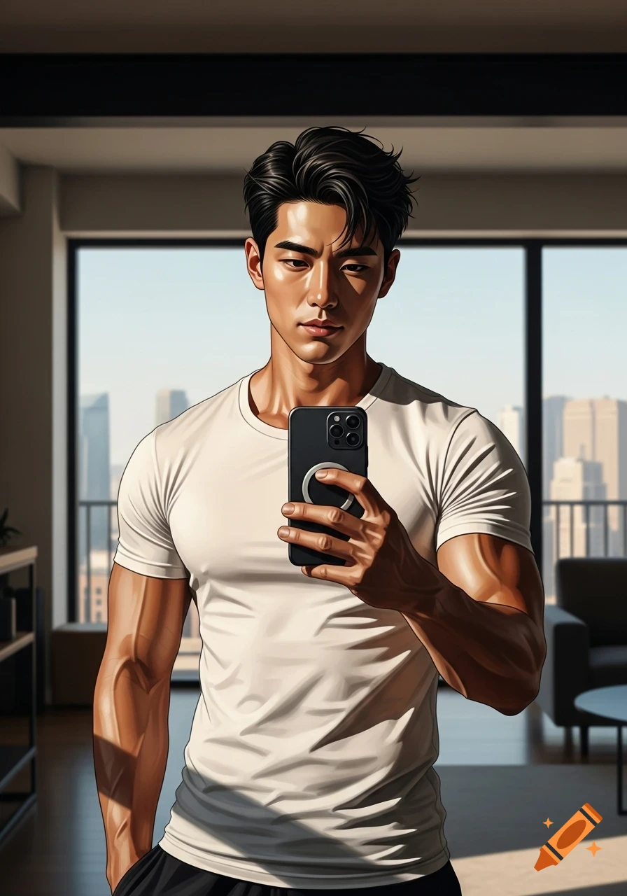 A muscular Asian man in a white t-shirt takes a selfie, posing in a modern apartment with a city view, in a stylized, glossy art style.