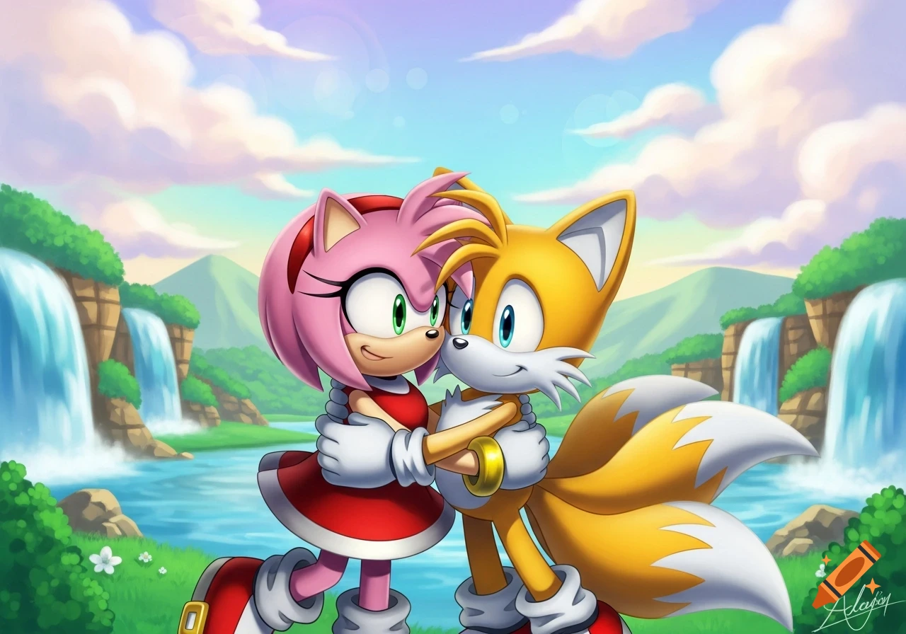 Amy Rose and Tails from Sonic the Hedgehog hug lovingly in a vibrant, waterfall-filled landscape.