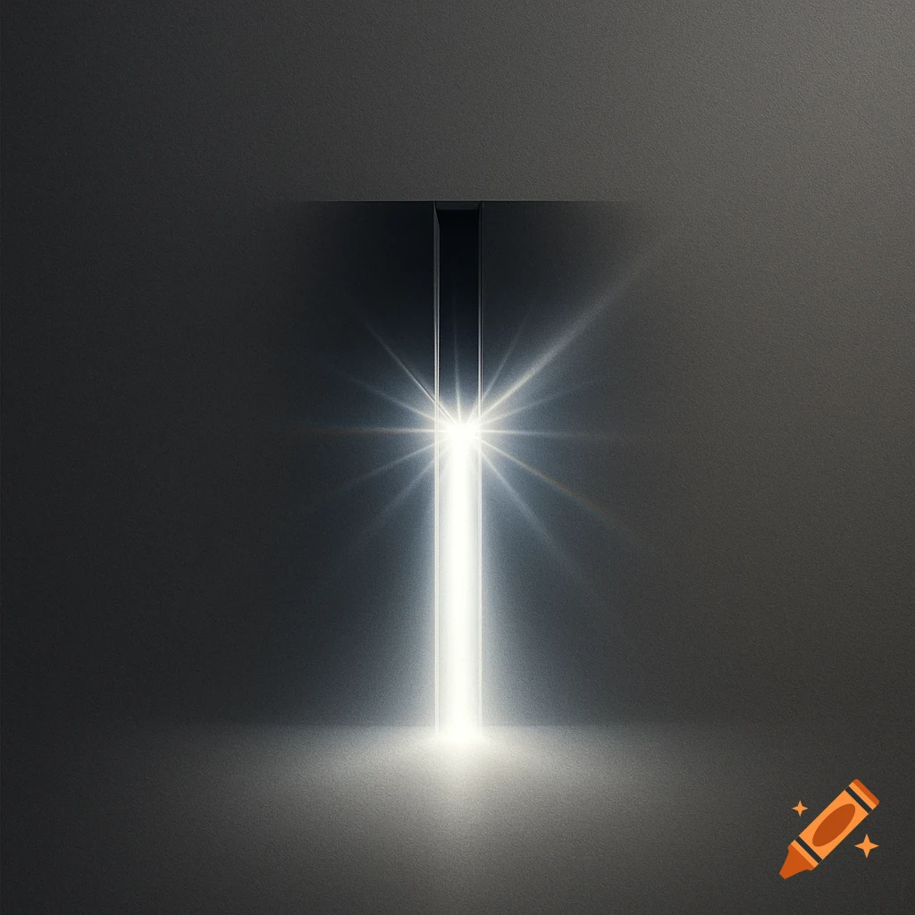 A bright, vertical beam of light shining from a narrow opening in a dark, textured wall.