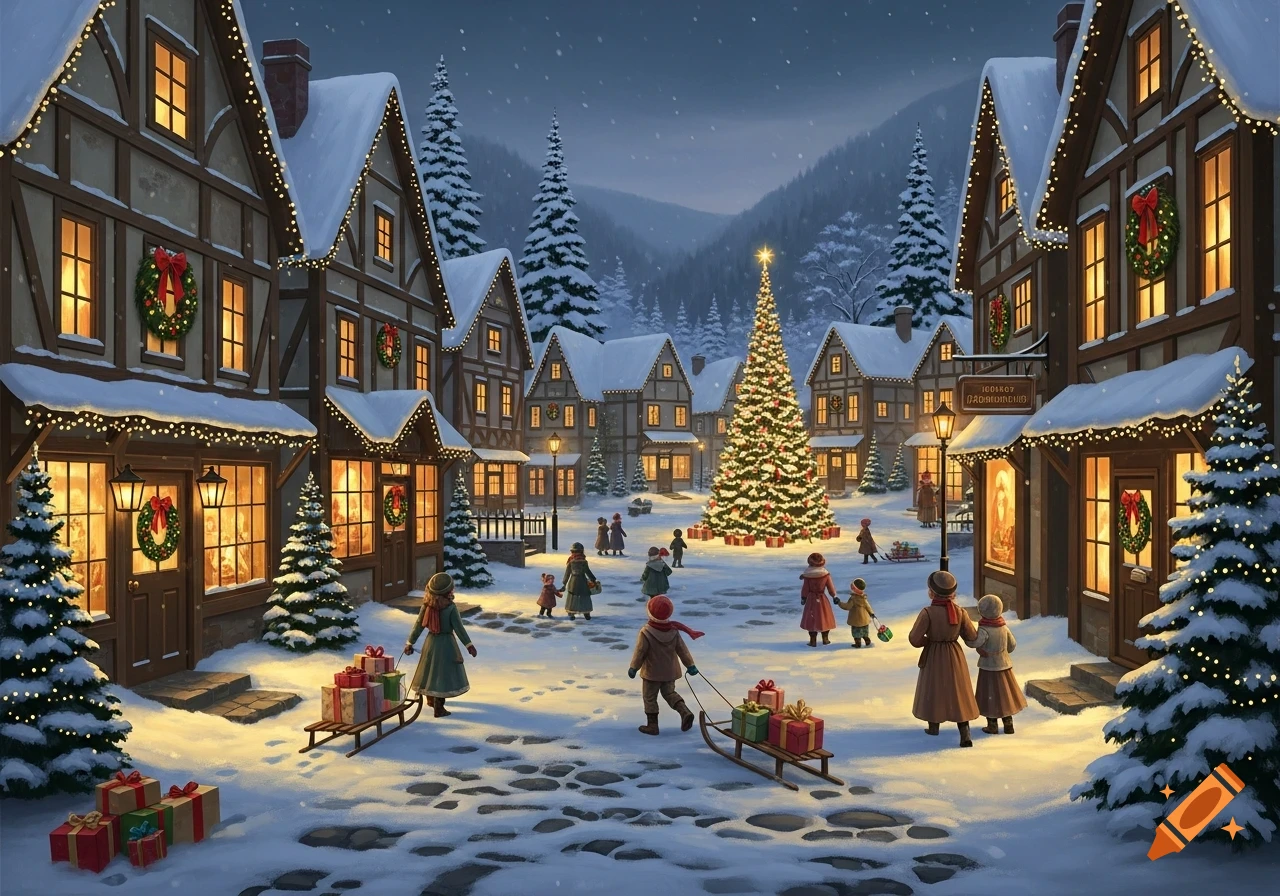 A snowy Christmas village at night with glowing houses, a large decorated Christmas tree, and people carrying gifts.
