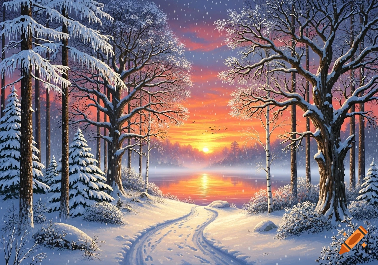A vibrant winter landscape with snow-covered trees, a winding path, and a lake reflecting a colorful sunset with birds in the sky.