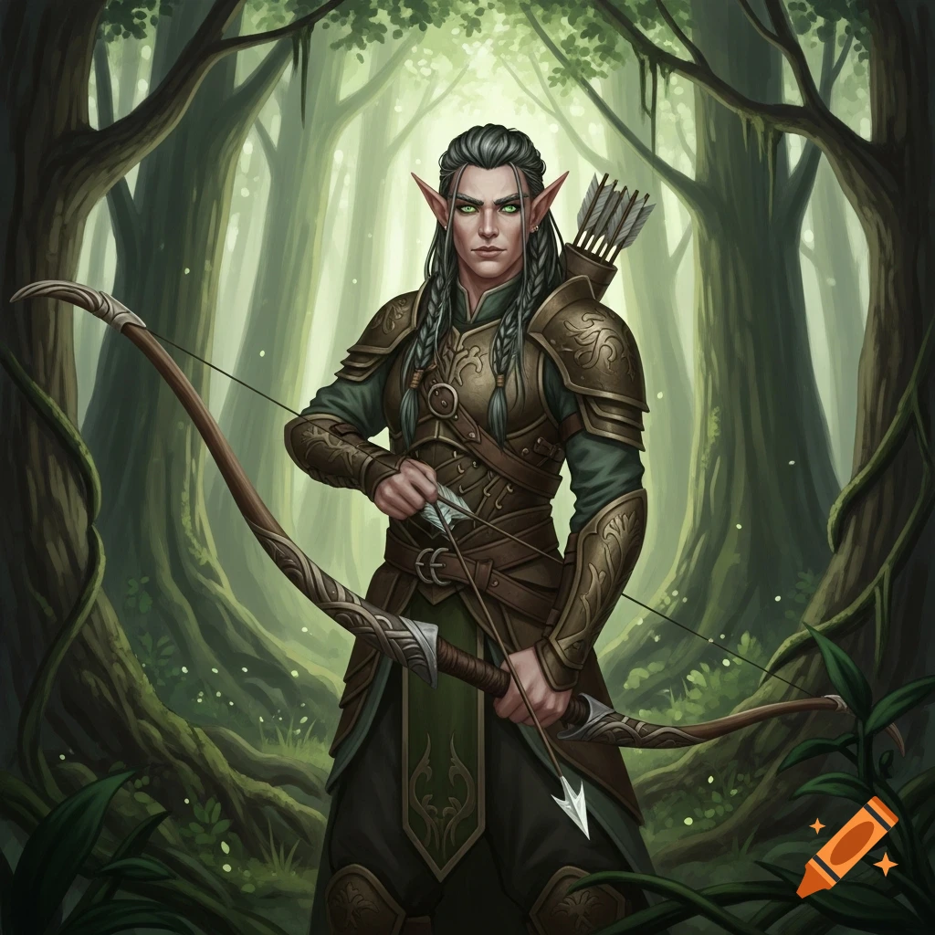 A high elf ranger with green eyes and dark hair, wearing armor and holding a bow and arrow in a lush forest.