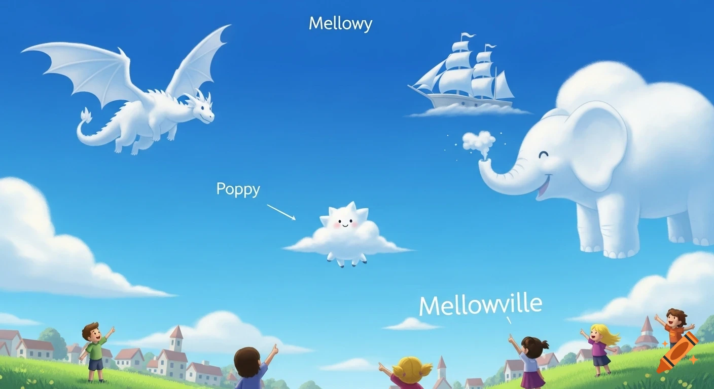 A whimsical illustration of children looking up at a blue sky with clouds shaped like a white dragon, a sailing ship, and a happy elephant. A star-shaped cloud named Poppy floats above a town called Mellowville.