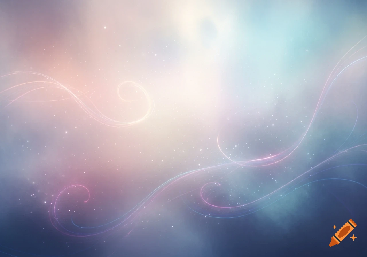 Dreamy, abstract background with glowing light trails and speckles in soft pink, blue, and purple.