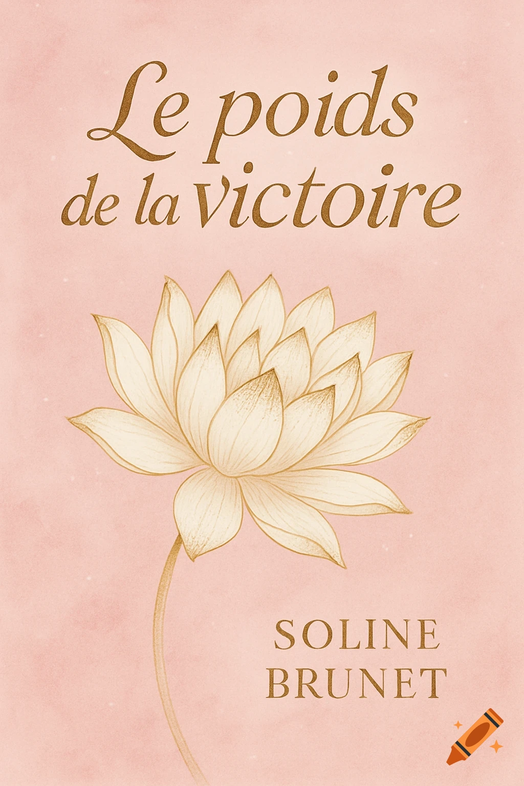 A pink book cover with a gold lotus flower illustration. The title 'Le poids de la victoire' and author 'Soline Brunet' are in gold text.