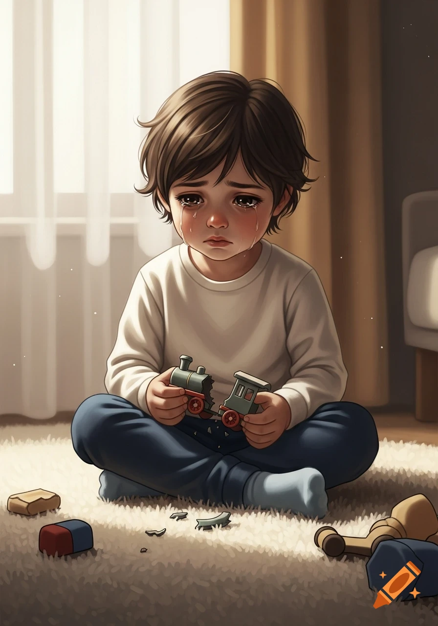 A crying child with tears streaming down their face, holding pieces of a broken green toy train while sitting on a rug.
