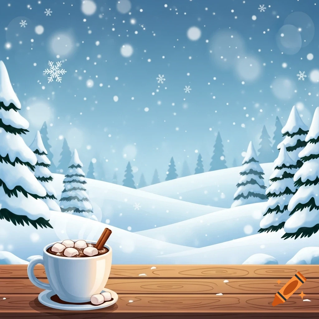 A cup of hot chocolate with marshmallows and a cinnamon stick on a wooden table, against a snowy winter landscape with pine trees and falling snow.
