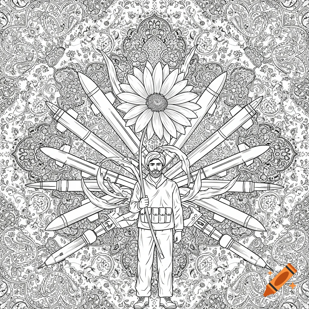 Black-and-white line art illustration of an Iranian soldier holding a giant flower, surrounded by stylized missiles and intricate Persian patterns.