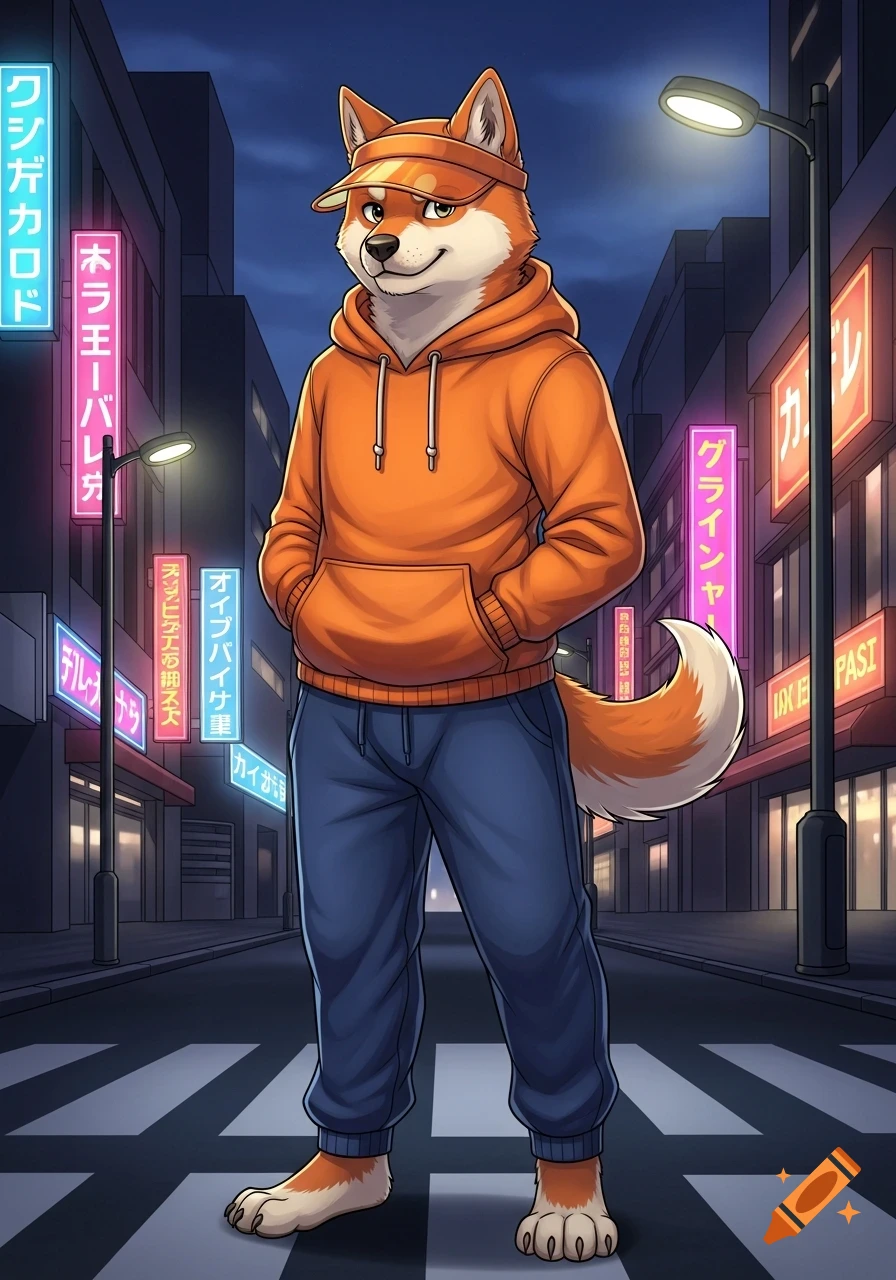An illustrative Shiba Inu character in an orange visor, hoodie, and blue sweatpants, standing on a neon-lit city street at night.