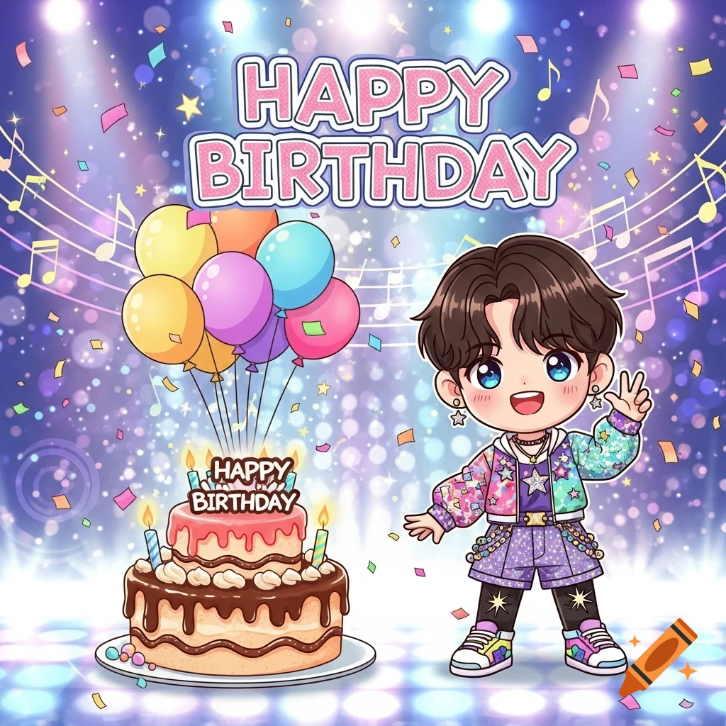 A cheerful anime-style character in a kpop outfit stands next to a two-tier birthday cake with balloons, confetti, and 'HAPPY BIRTHDAY' text, set on a sparkly stage.
