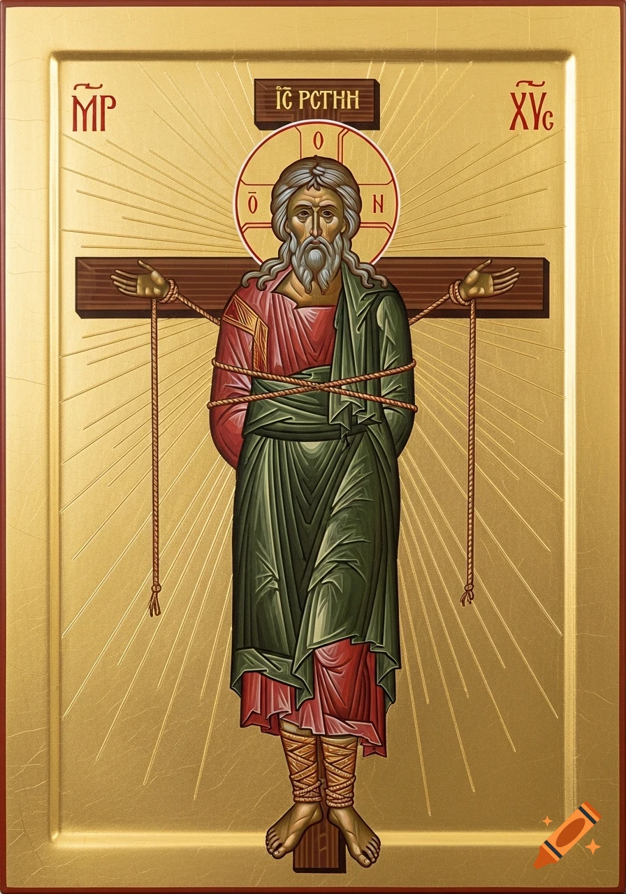 An Orthodox icon depicting Saint Andrew the First-Called tied to an X-shaped cross, rendered in Byzantine style with a gold background and halo.