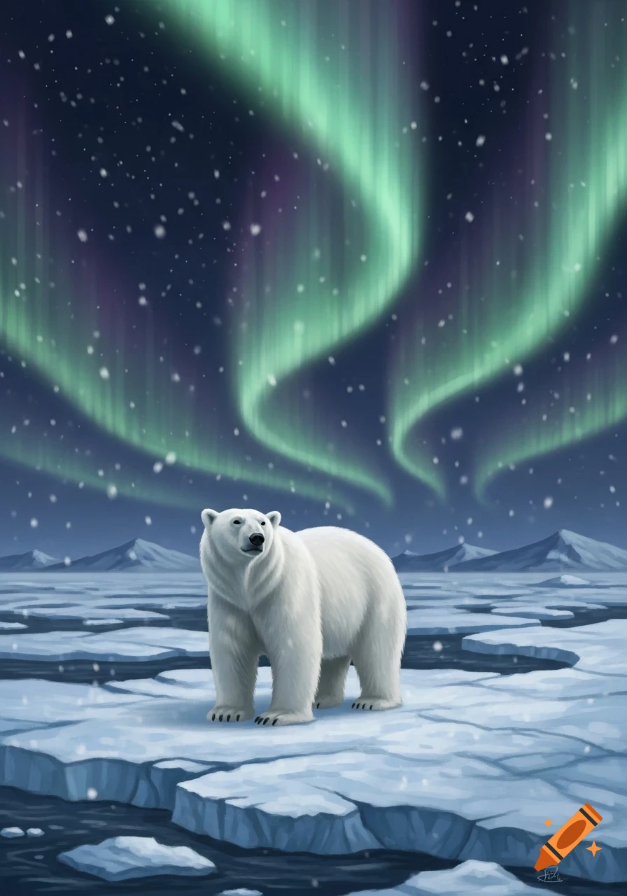 A white polar bear stands on an ice floe under a dark night sky with green aurora borealis and falling snow. Illustration.