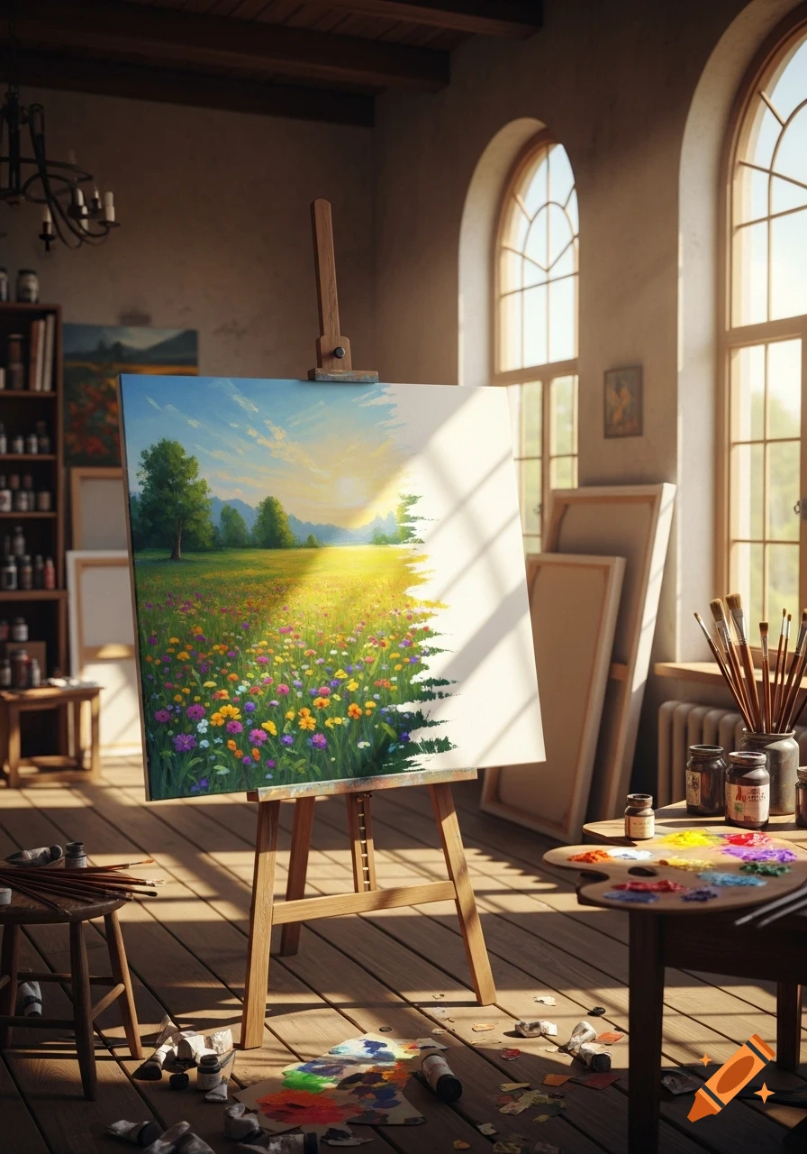 A sunlit art studio with an easel holding a vibrant landscape painting of a wildflower field, partially unfinished, surrounded by art supplies.