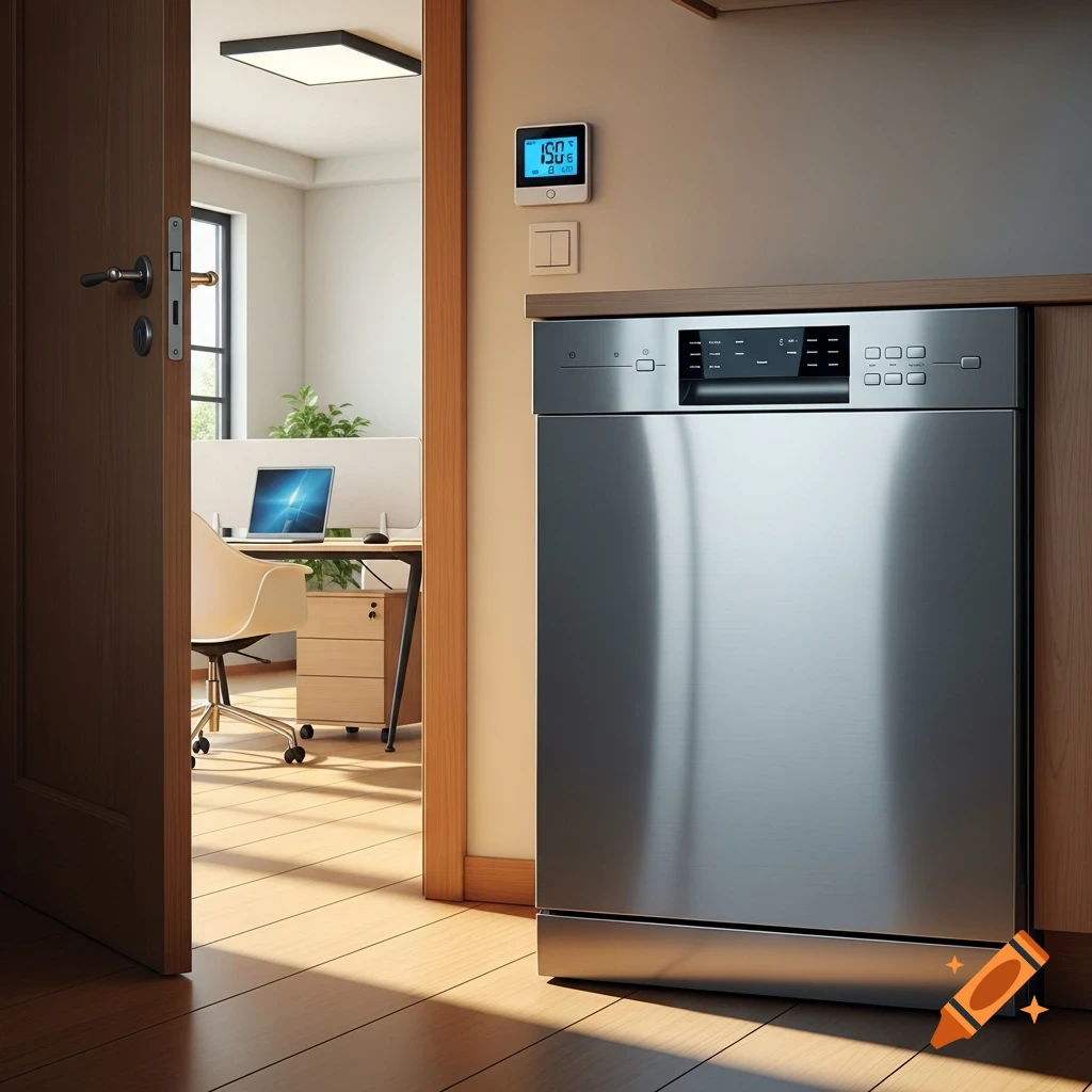 Photorealistic image of a stainless steel dishwasher next to an open wooden door revealing an office. A digital thermostat is on the wall.