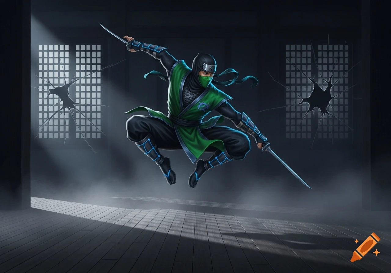 A green, black, and blue ninja leaps with two swords in a dark, hazy room with broken windows. Illustration.