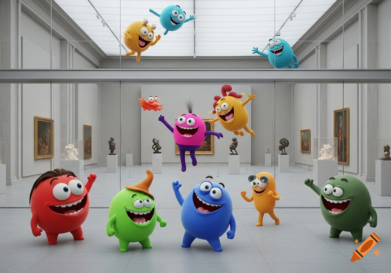 Colorful, goofy cartoon characters with big smiles and eyes explore a bright, modern art museum with paintings and sculptures.