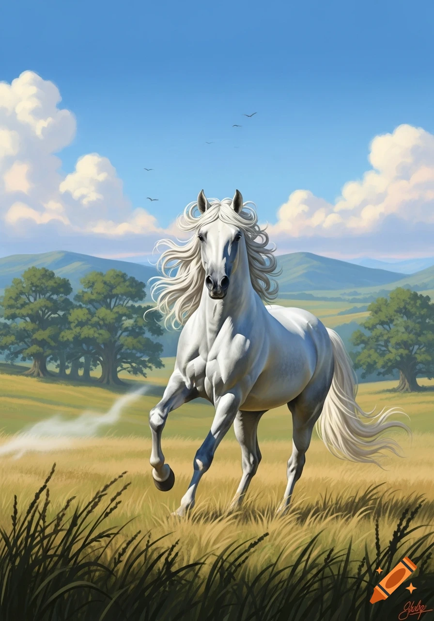 A majestic white horse with a flowing mane and tail gallops through a sunny grassy field with distant mountains under a blue sky.