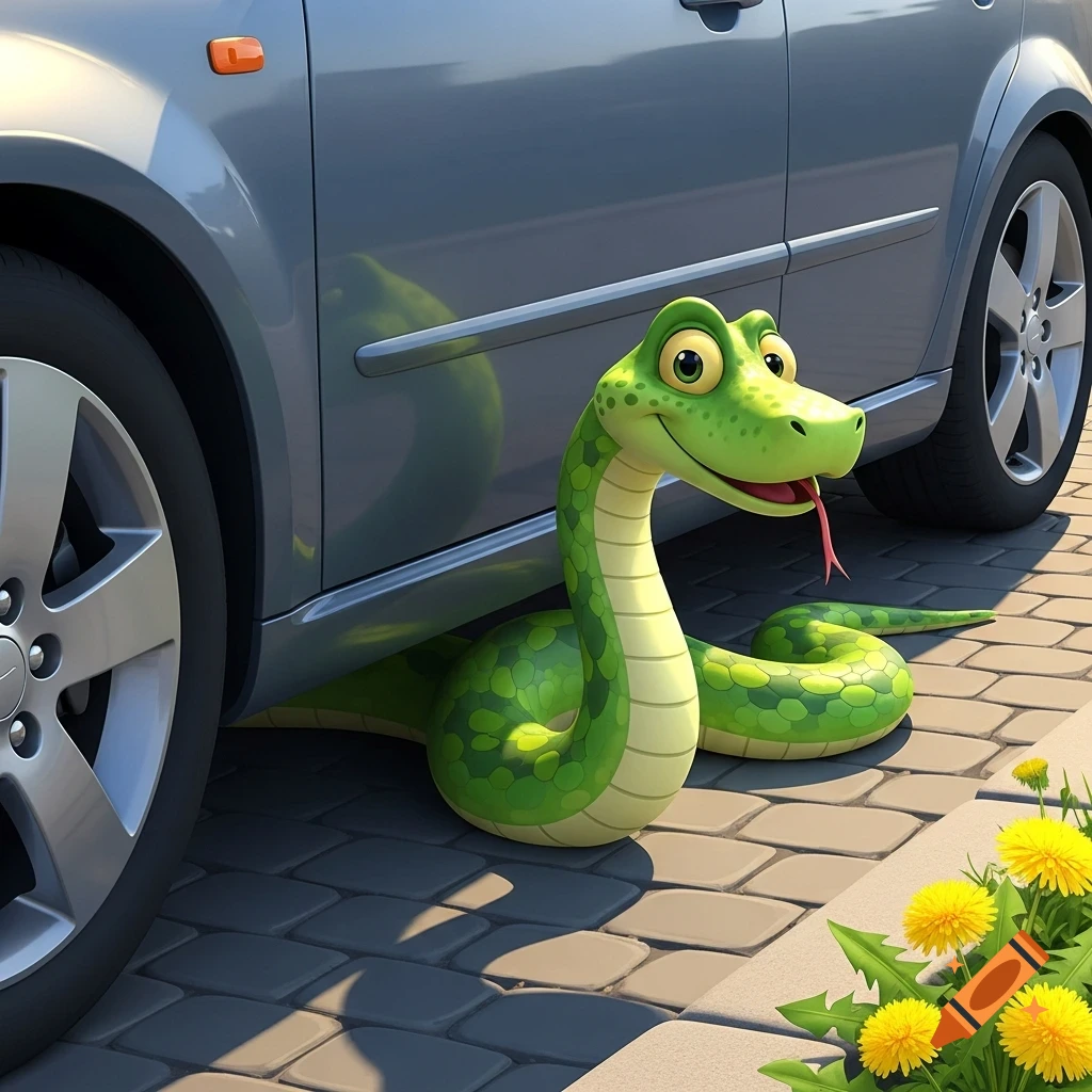 A friendly green cartoon snake peeks from under a gray car, on a paved path with dandelions.