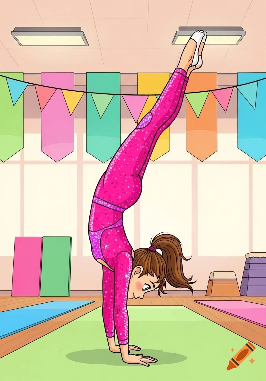 Cartoon girl in a sparkling pink gymsuit performing a handstand in a gymnastics gym, with colorful banners and mats.