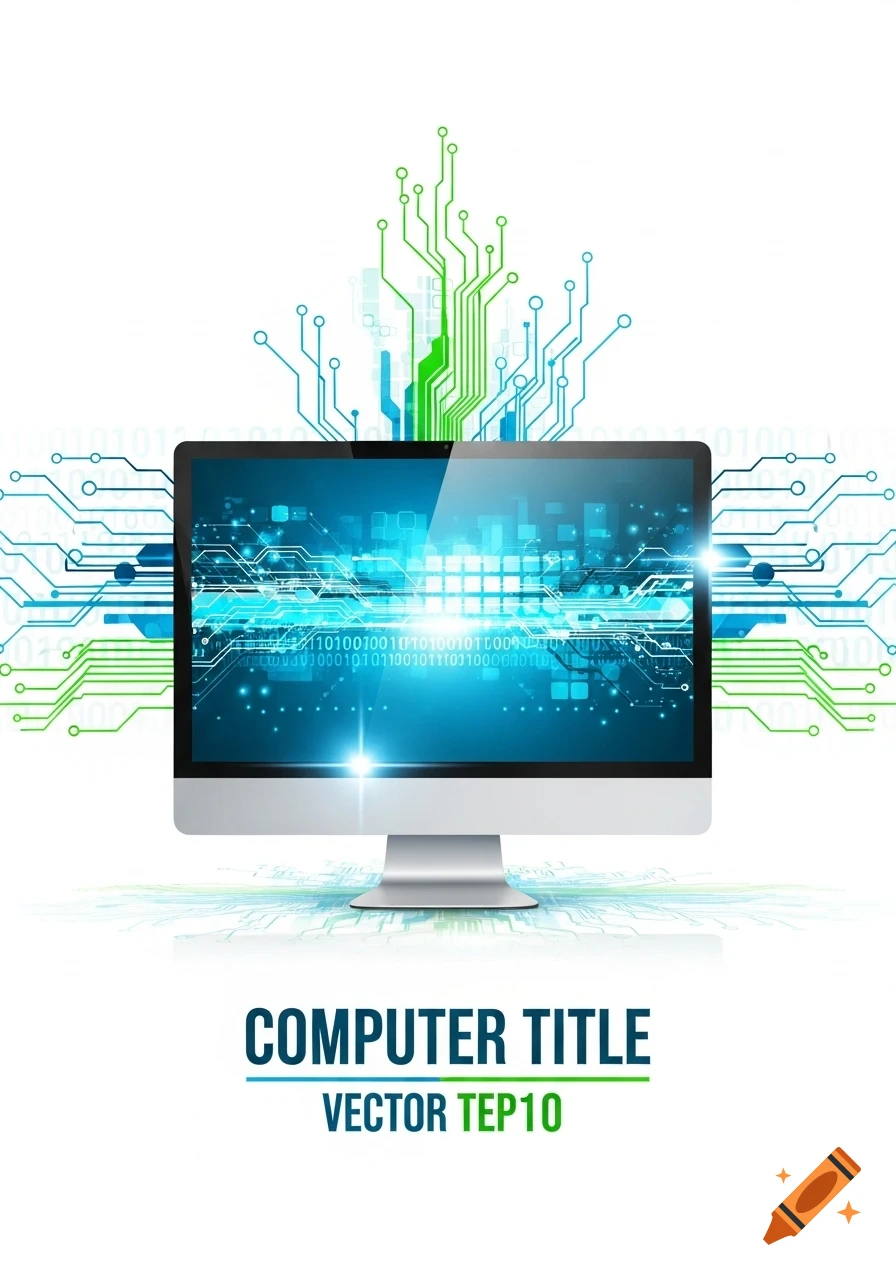 A silver computer monitor displaying digital data with green and blue circuit board patterns against a white background. Text says 'COMPUTER TITLE VECTOR TEP10'.