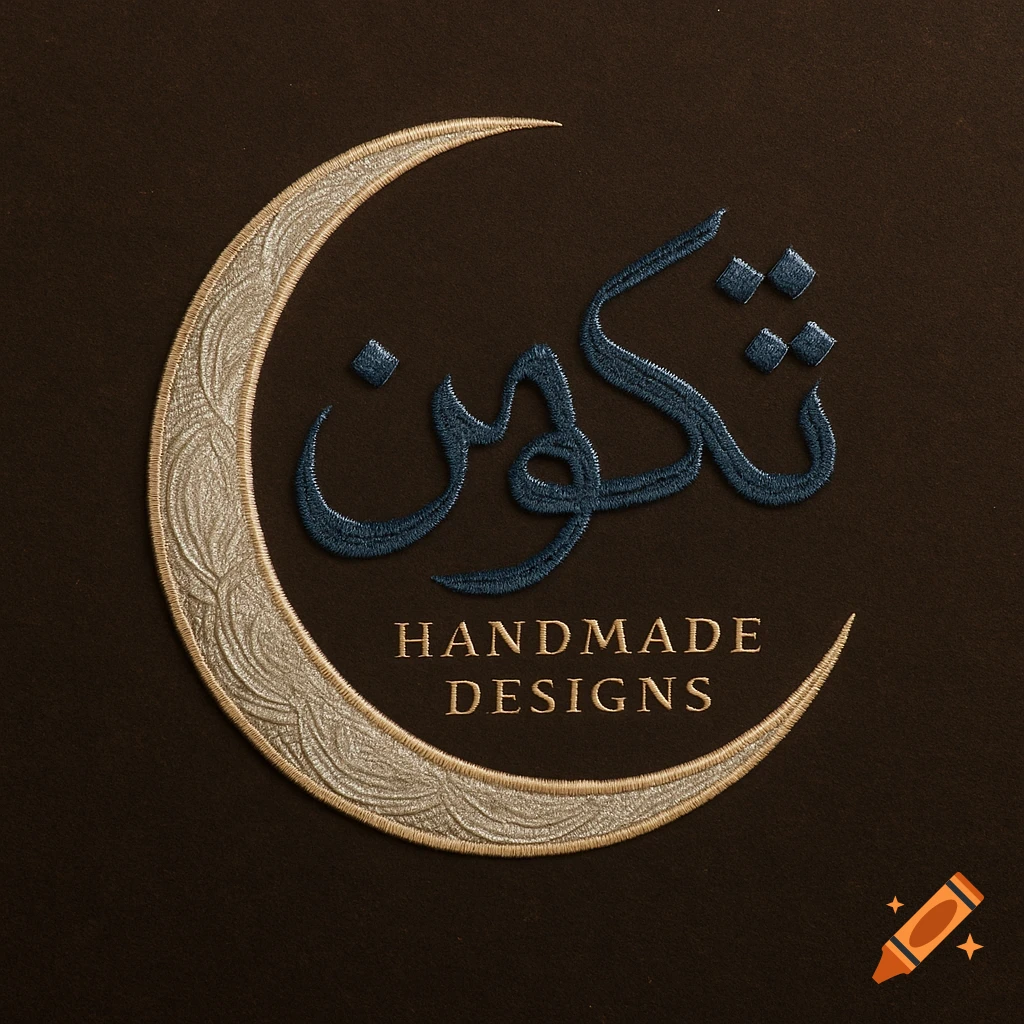 Embroidered logo featuring a crescent moon with patterns, blue Arabic text ' di ', and gold English text 'HANDMADE DESIGNS' on a brown background.