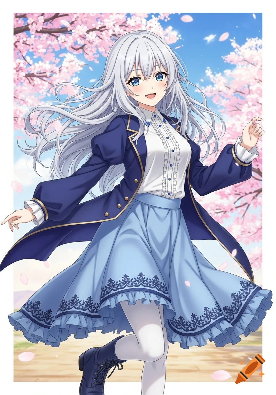 Anime girl with long white hair, blue eyes, and a blue outfit smiles under pink cherry blossoms.