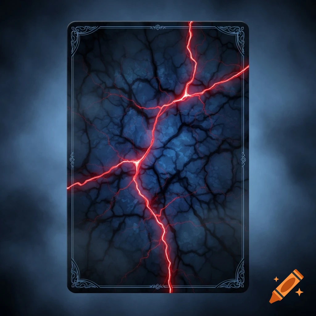 A digital illustration of a dark, supernatural-themed card back with red lightning-like cracks against a textured blue and black background, bordered by an elegant frame.