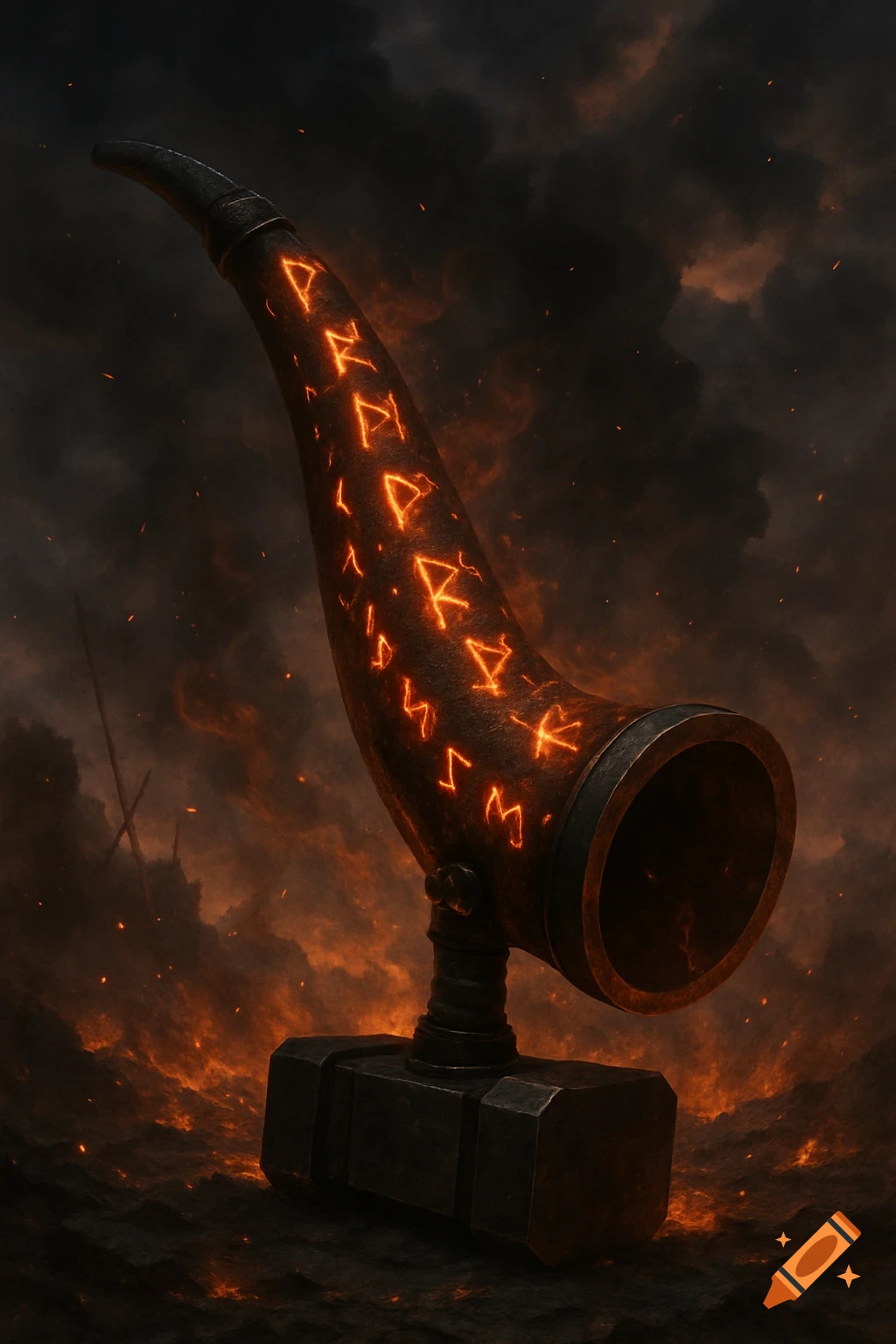 A dark, ornate hunting horn with glowing orange runes is mounted on a heavy hammer base, set against a fiery, smoke-filled background.