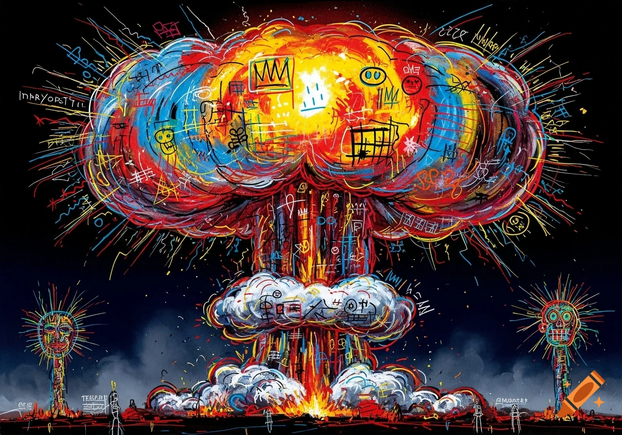 A vibrant, abstract painting in Jean-Michel Basquiat style depicting a colorful atomic mushroom cloud with graffiti-like symbols and stylized figures.