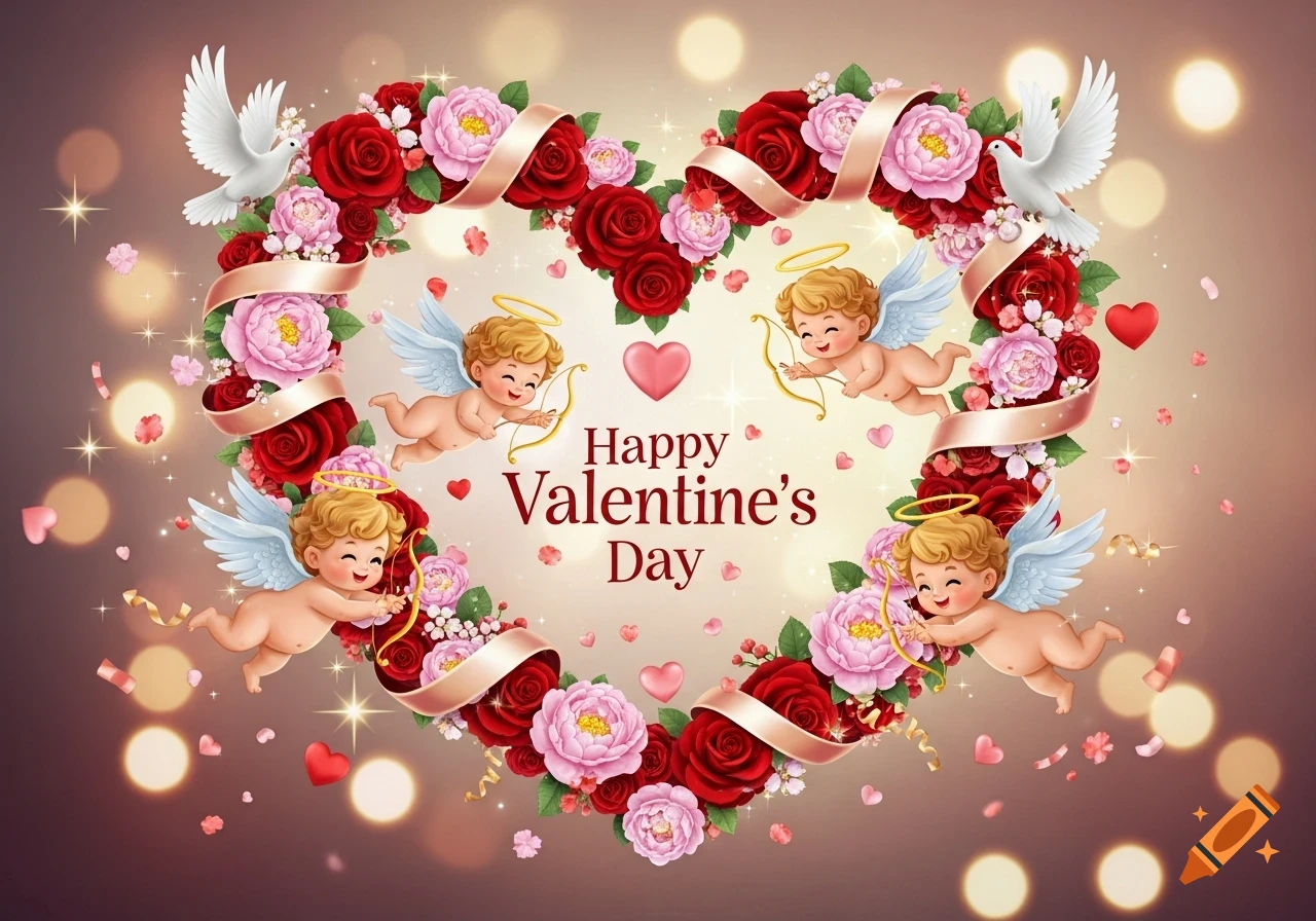 Four smiling cupids with bows and arrows around a heart-shaped wreath of red and pink roses and doves, with 'Happy Valentine's Day' text.