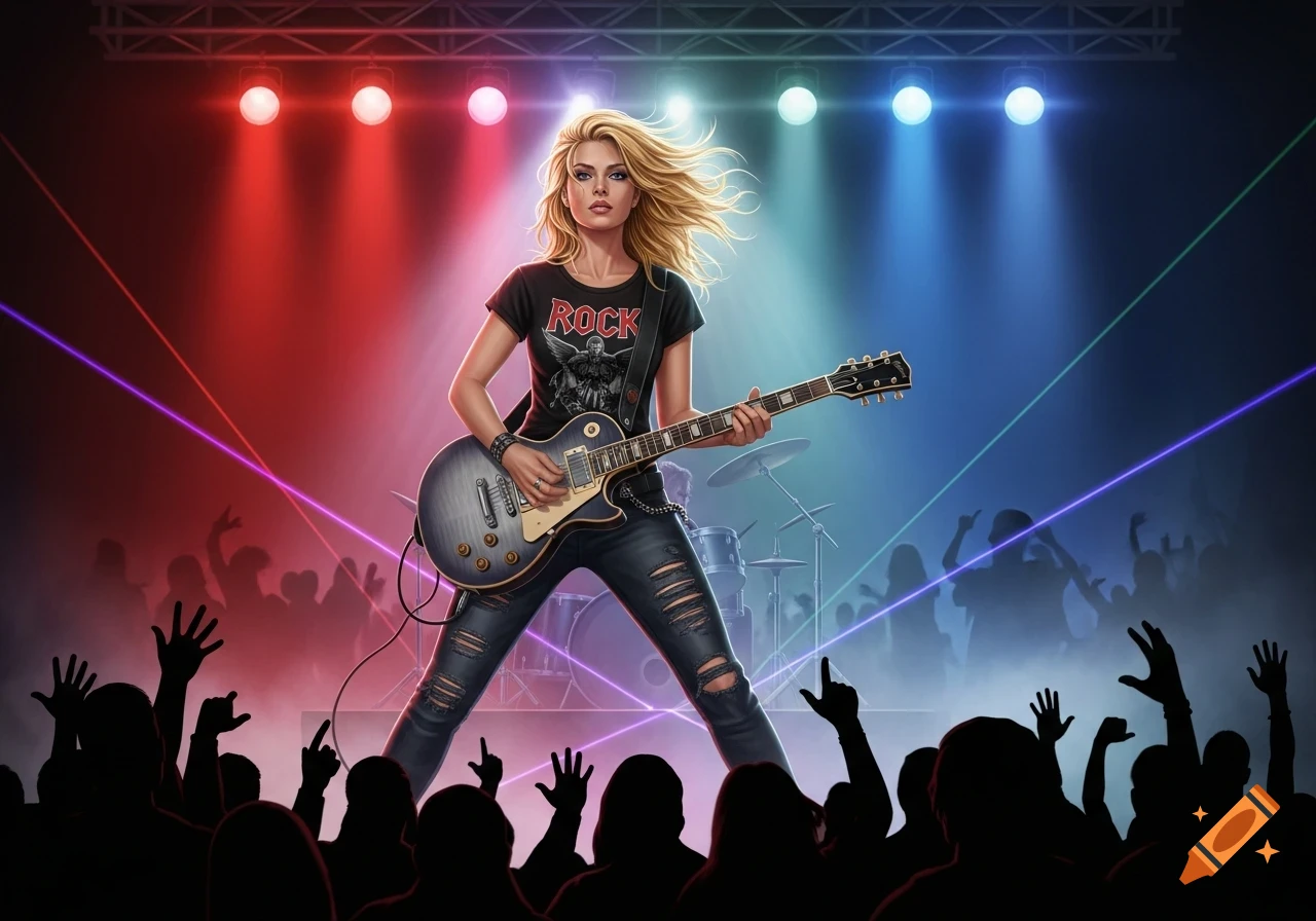 A blonde woman in a 'ROCK' t-shirt and ripped jeans plays an electric guitar on stage, illuminated by red and blue lights, with a silhouetted audience.