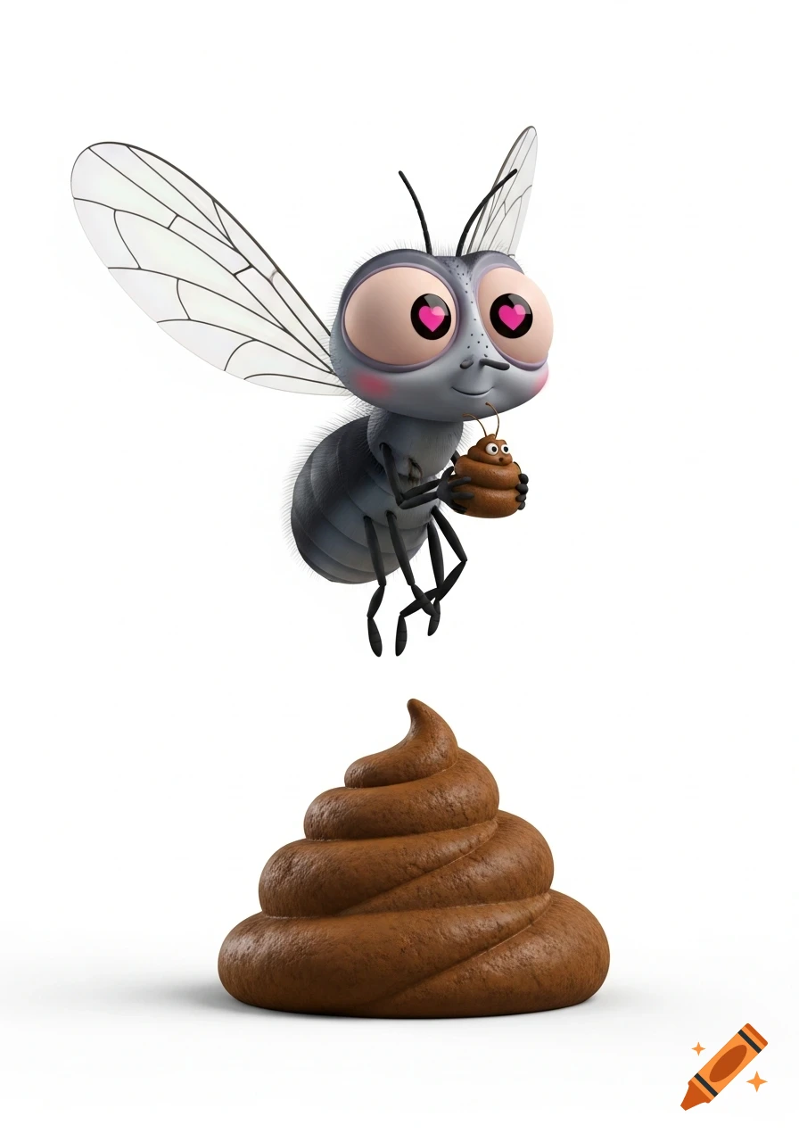 A cute 3D cartoon fly with heart-shaped eyes flies lovingly above a cartoon pile of dung.