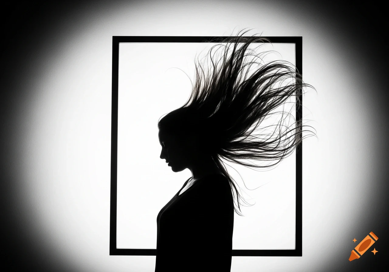 Silhouette of a woman with long, flowing hair framed by a rectangle against a glowing white background in black and white.