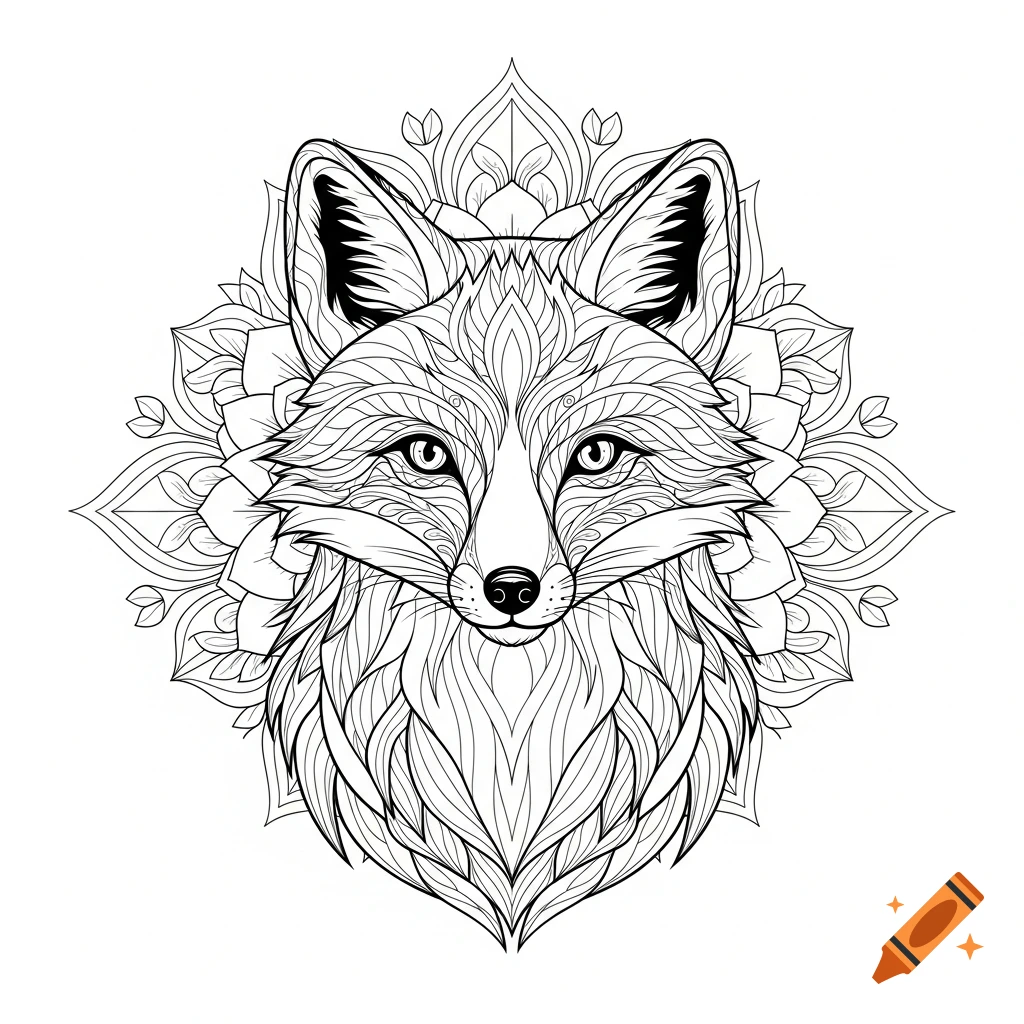 Detailed black-and-white line art of a symmetrical fox head with intricate fur patterns and mandala elements, designed as a coloring page.