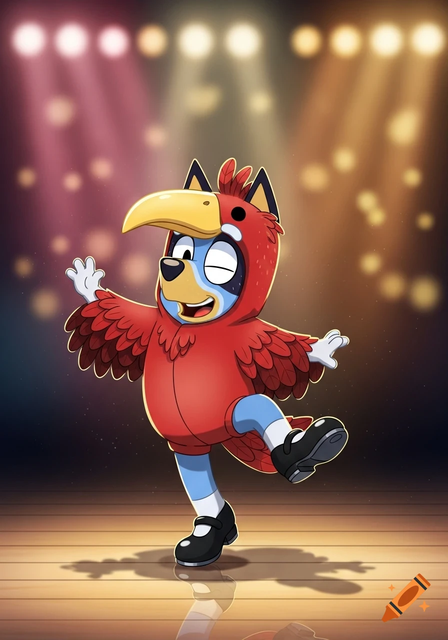 Bluey Heeler in a red bird costume with a yellow beak and black tap shoes, tap dancing on a spotlighted stage.