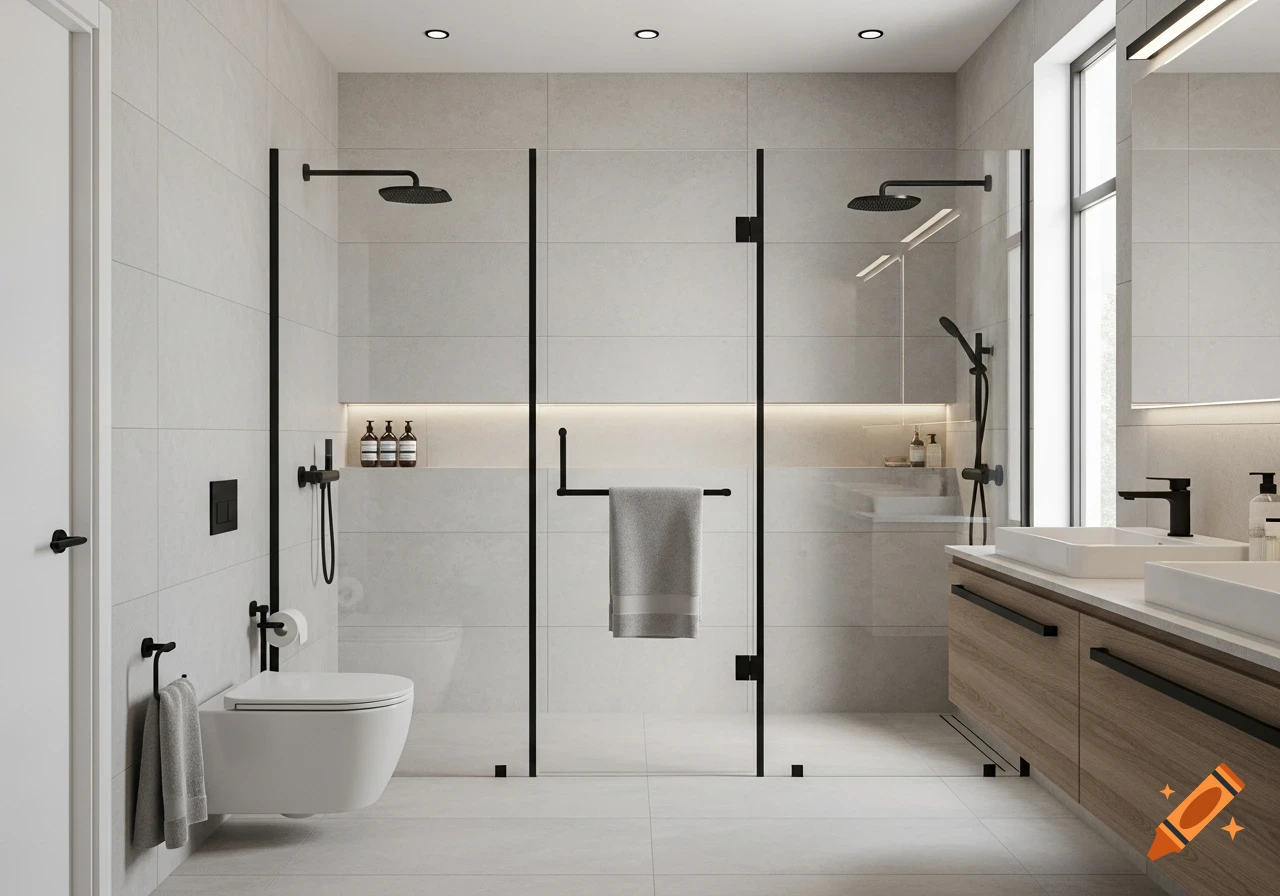 A modern, minimalist bathroom with light grey tiles, a walk-in glass shower, matte black fixtures, a floating toilet, and a wooden vanity.