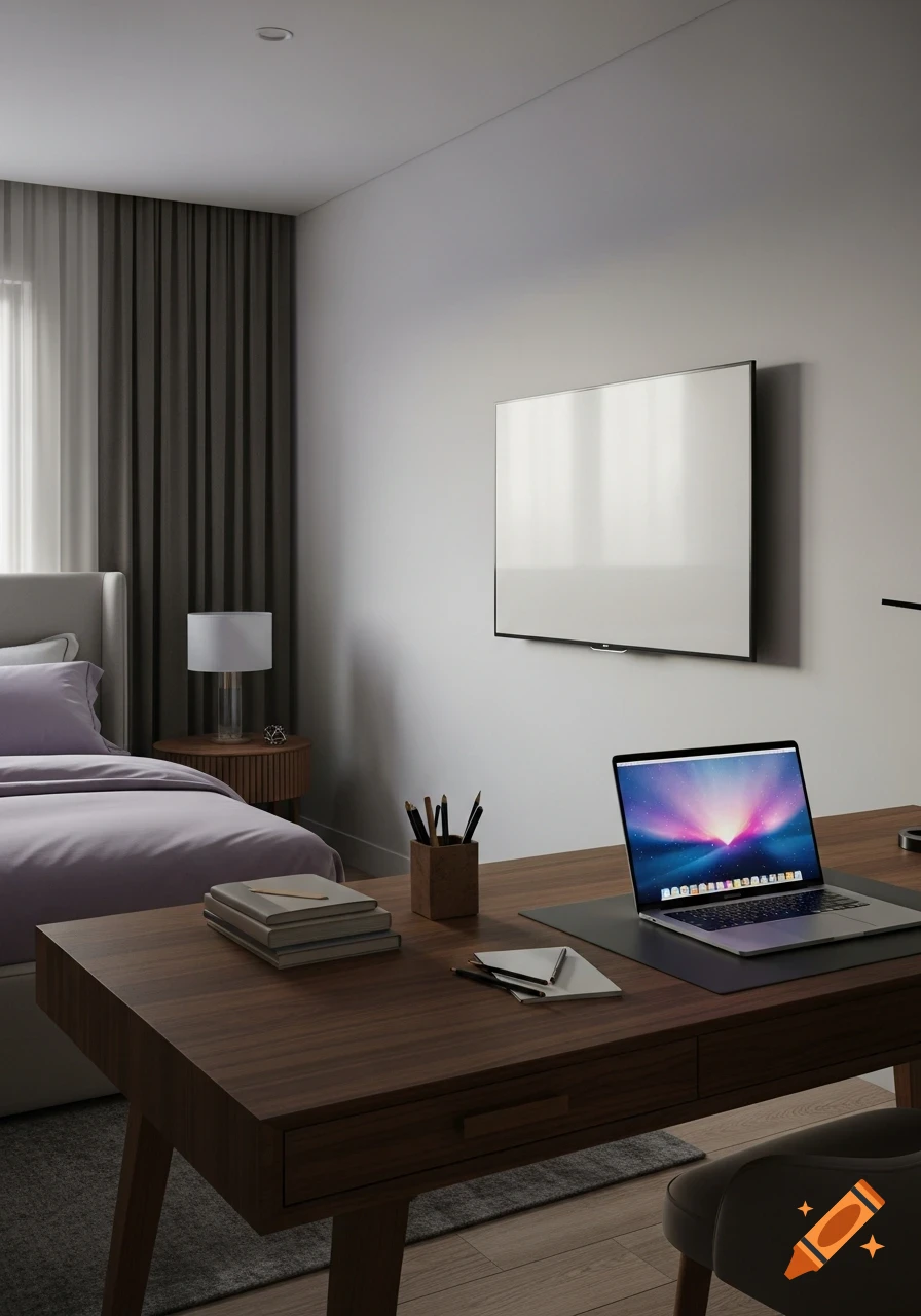 A modern bedroom features a bed with purple bedding and a wooden desk with a laptop, books, and pens. A wall-mounted TV is above the desk.