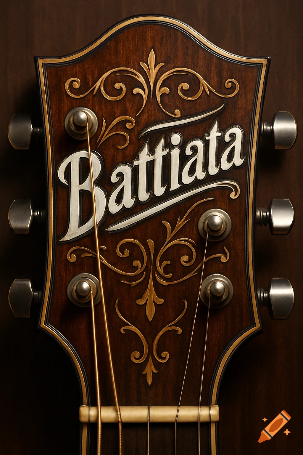 Close-up of a wooden guitar headstock with 'Battiata' in white script and gold scrollwork carving.