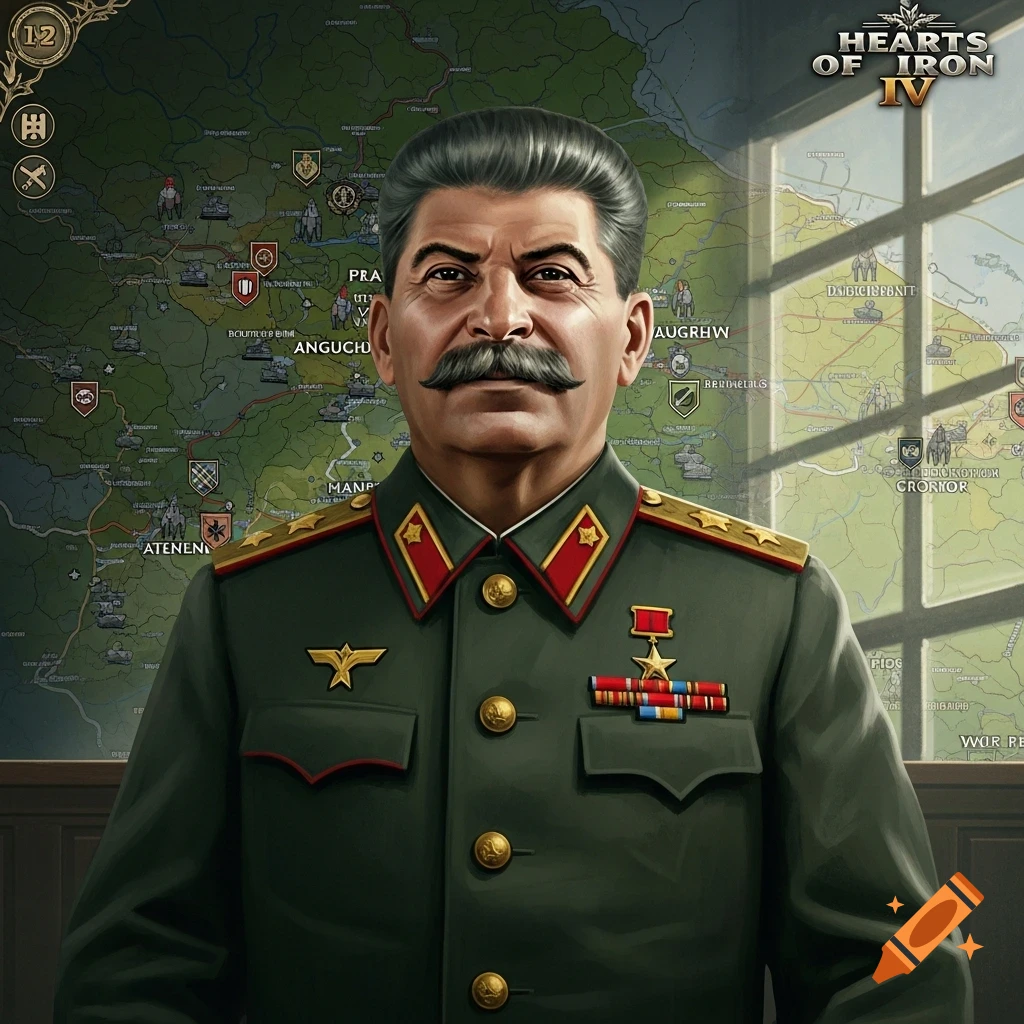 An illustration of Joseph Stalin in a military uniform standing in front of a strategic map, in the style of Hearts of Iron IV game art.
